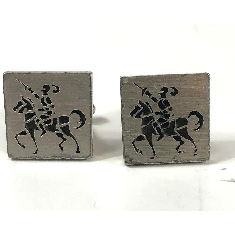 Vintage Knight Jousting Horseman Cufflinks Silver Tone Square Medieval Theme